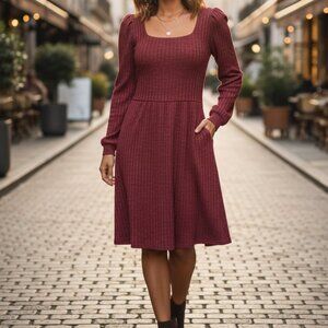 Womens New Dress L Long Sleeve Ribbed Knit Boho Chic Casual Cottagecore Textured